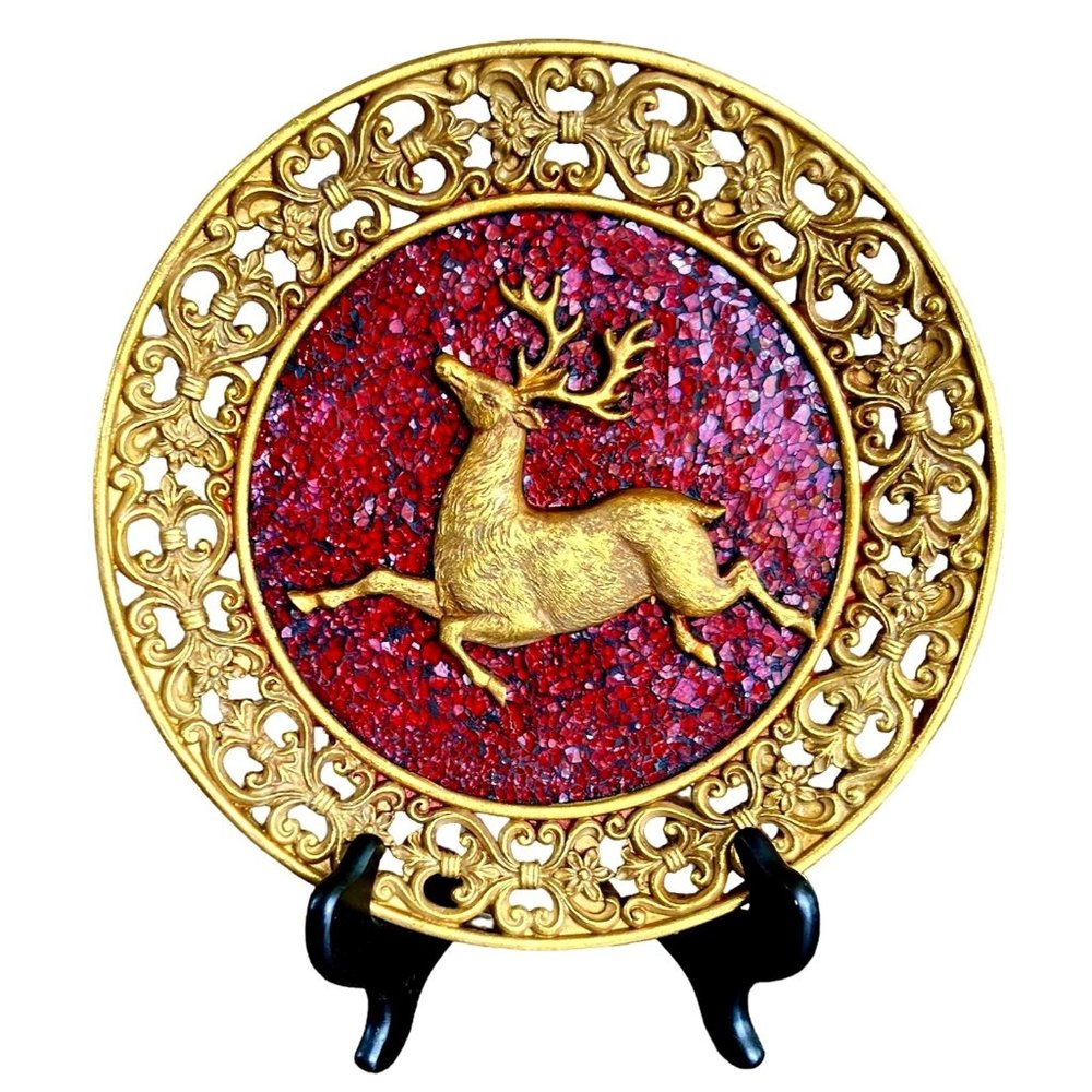 MOSAIC Red/Antique Gold REINDEER & FLEUR-DE-LIS Wall/Easel Art CHRISTMAS Decor